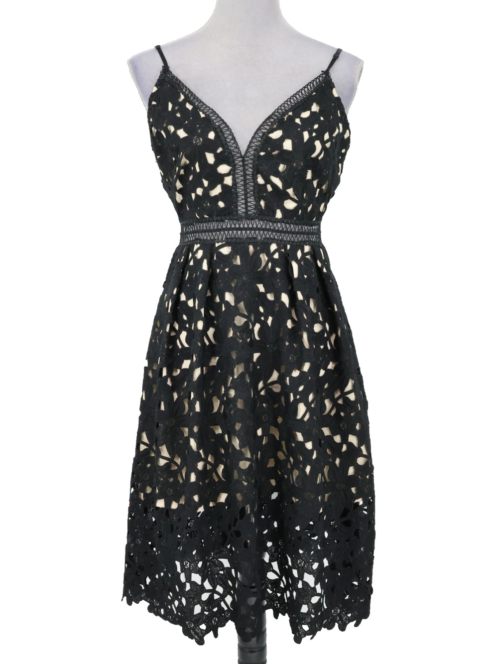 Aqua Capsule Dress Womens Small Black Lace Beige Lining Spaghetti Strap Party